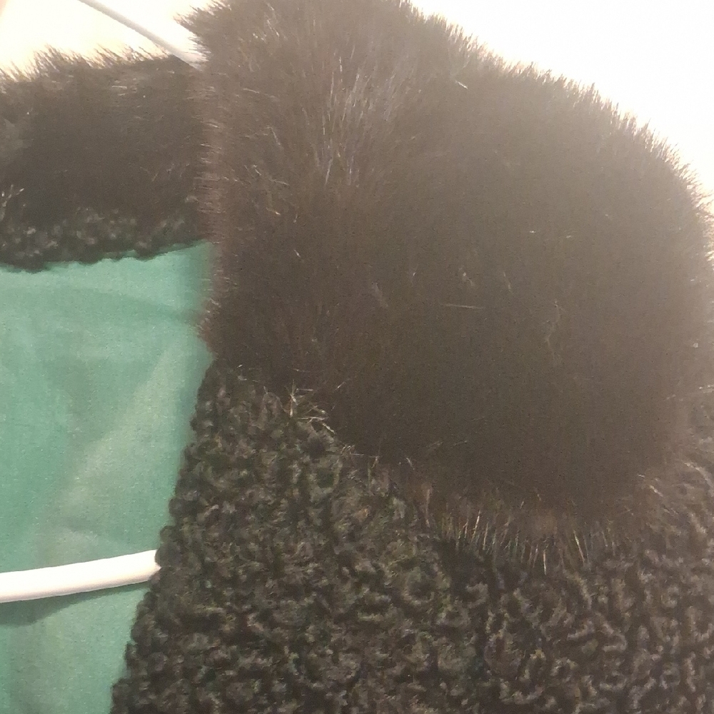 Authentic Vintage Handmade Persian Black Wool and Green Silk, Fur Trimmed Jacket